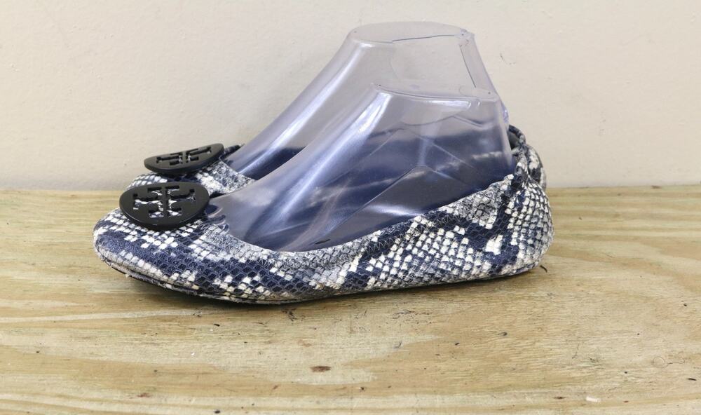 Tory Burch Shoes 8N Reva Minnie travel Ballet Flats Blue Snakeskin Print Leather